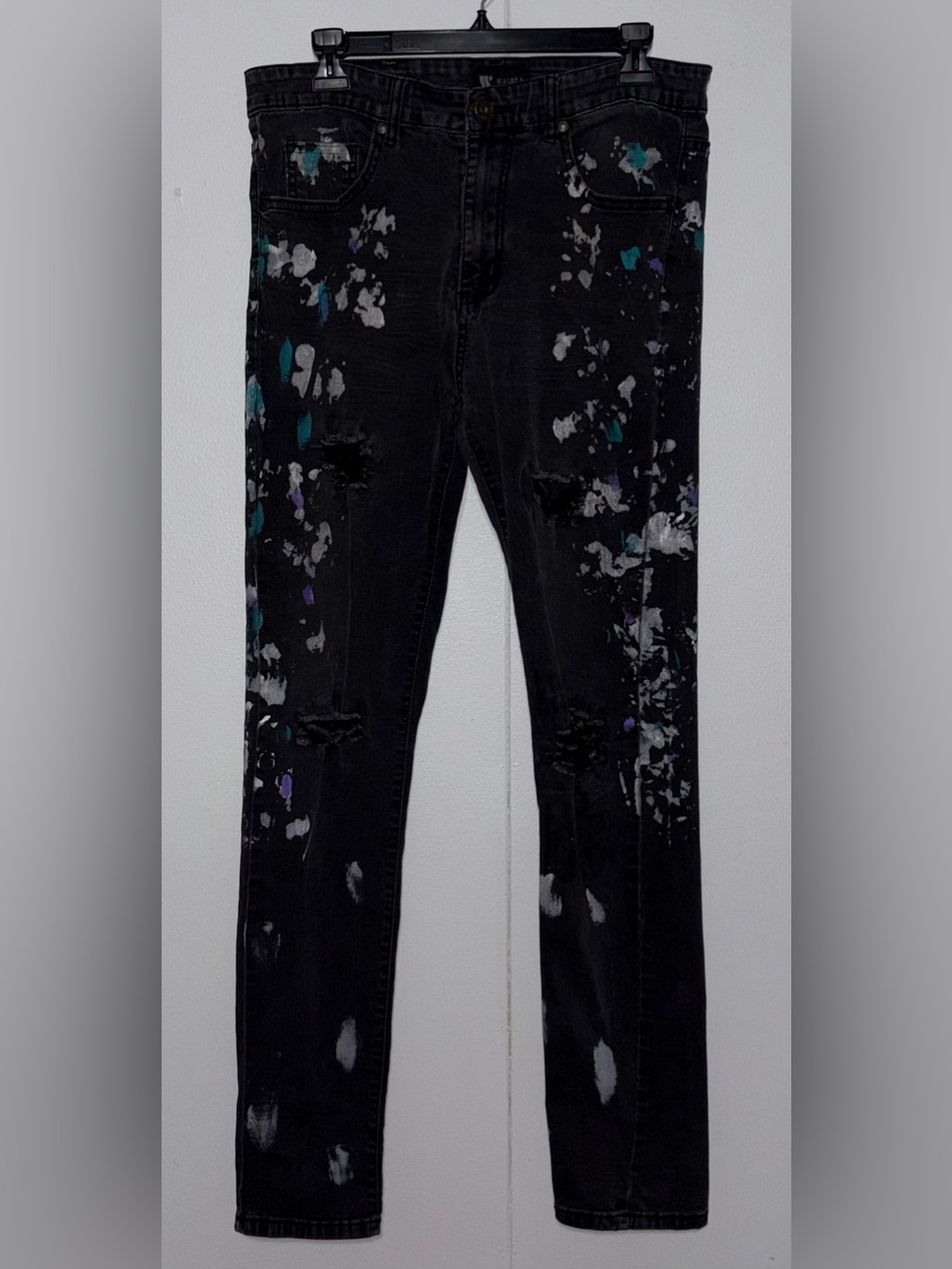 Waimea Mens 32x32 Black Skinny Jeans Distressed Paint Splatter Y2K Streetwear